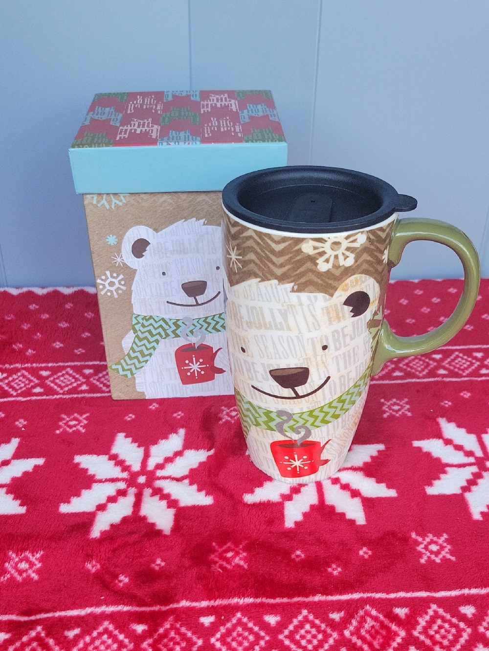 Green Handle Polar Bear Travel Mug with Lid